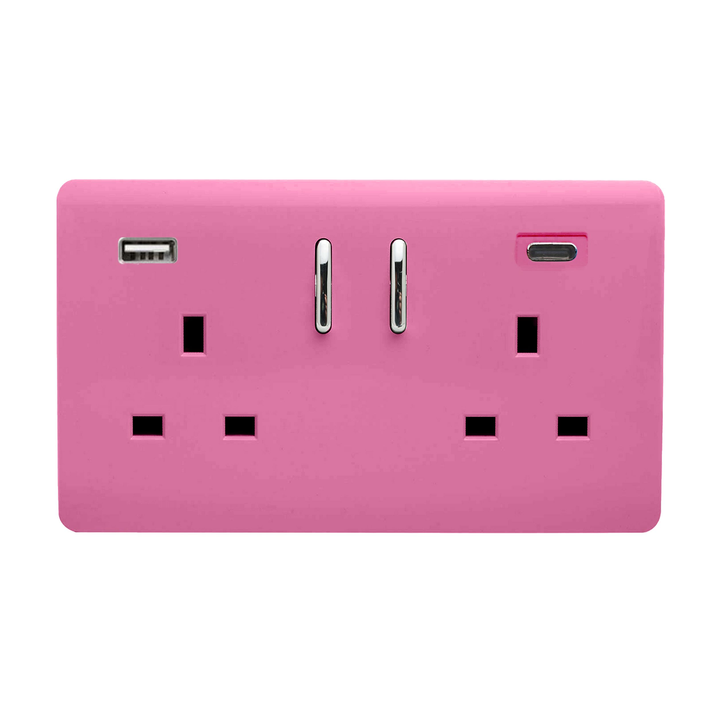 Pink Screwless 2 Gang Switched Double Socket 13A With 1 x USB-A & 1 x USB-C 65W (Shared), (35mm Back Box Req.), 10yrs Warranty