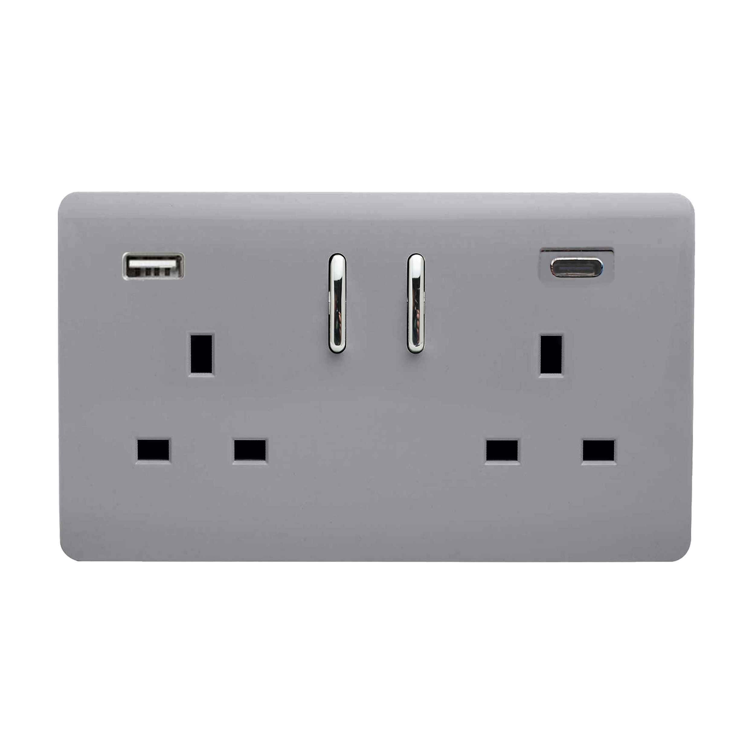 Platinum Silver Screwless 2 Gang Switched Double Socket 13A With 1 x USB-A & 1 x USB-C 65W (Shared), (35mm Back Box Req.), 10yrs Warranty