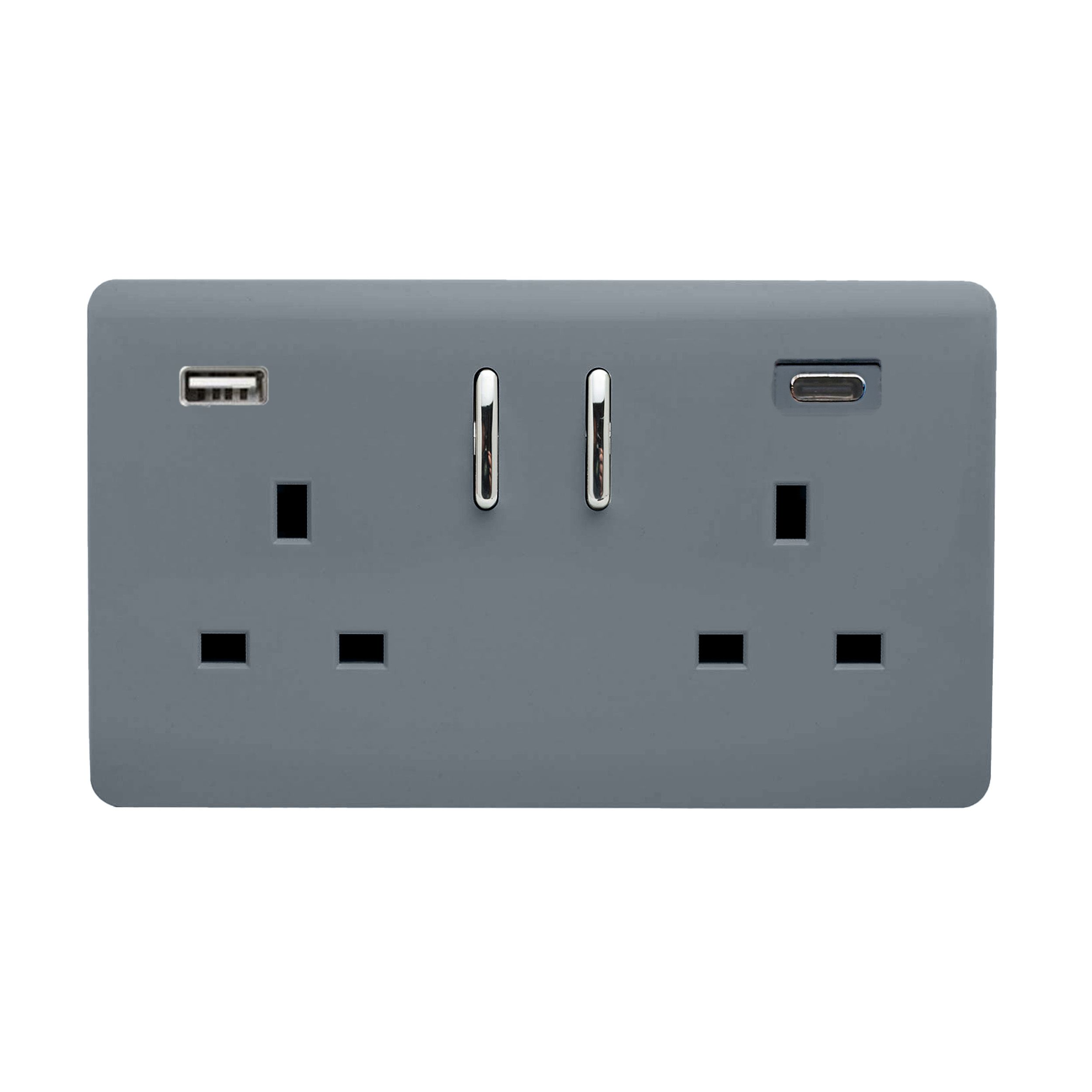 Warm Grey Screwless 2 Gang Switched Double Socket 13A With 1 x USB-A & 1 x USB-C 65W (Shared), (35mm Back Box Req.), 10yrs Warranty