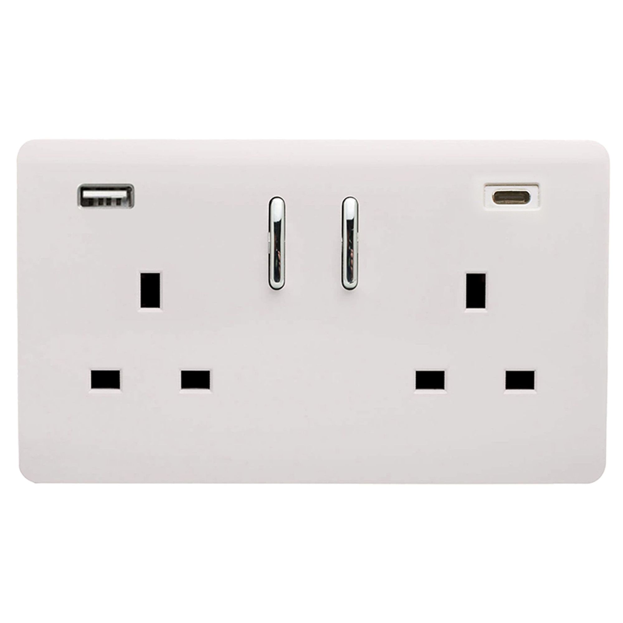 Ice White Screwless 2 Gang Switched Double Socket 13A With 1 x USB-A & 1 x USB-C 65W (Shared), (35mm Back Box Req.), 10yrs Warranty