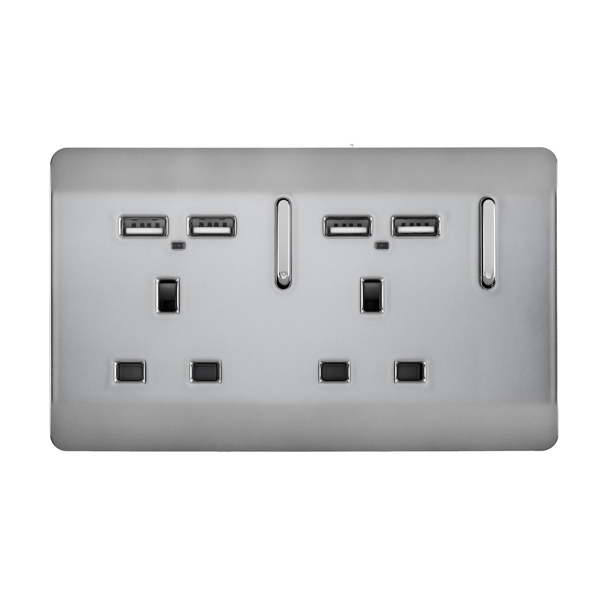 Trendi, Artistic 2 Gang 13Amp Switched Double Socket With 4X 2.1Mah USB Brushed Steel Finish, BRITISH MADE, (45mm Back Box Required), 10yrs Warranty