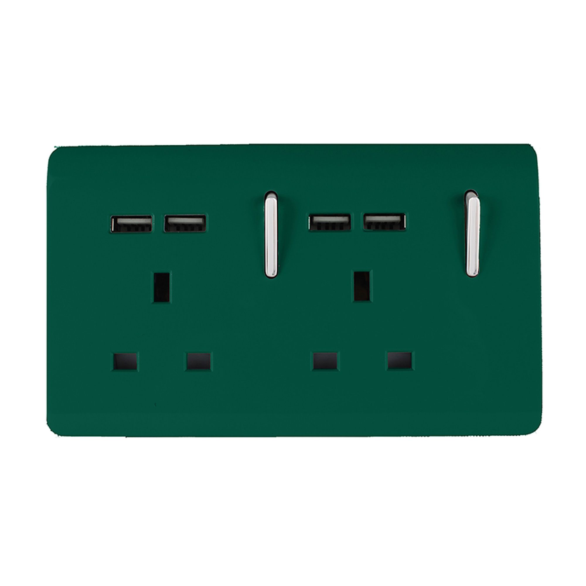 Trendi, Artistic 2 Gang 13Amp Switched Double Socket With 4X 2.1Mah USB Dark Green Finish, BRITISH MADE, (45mm Back Box Required), 10yrs Warranty