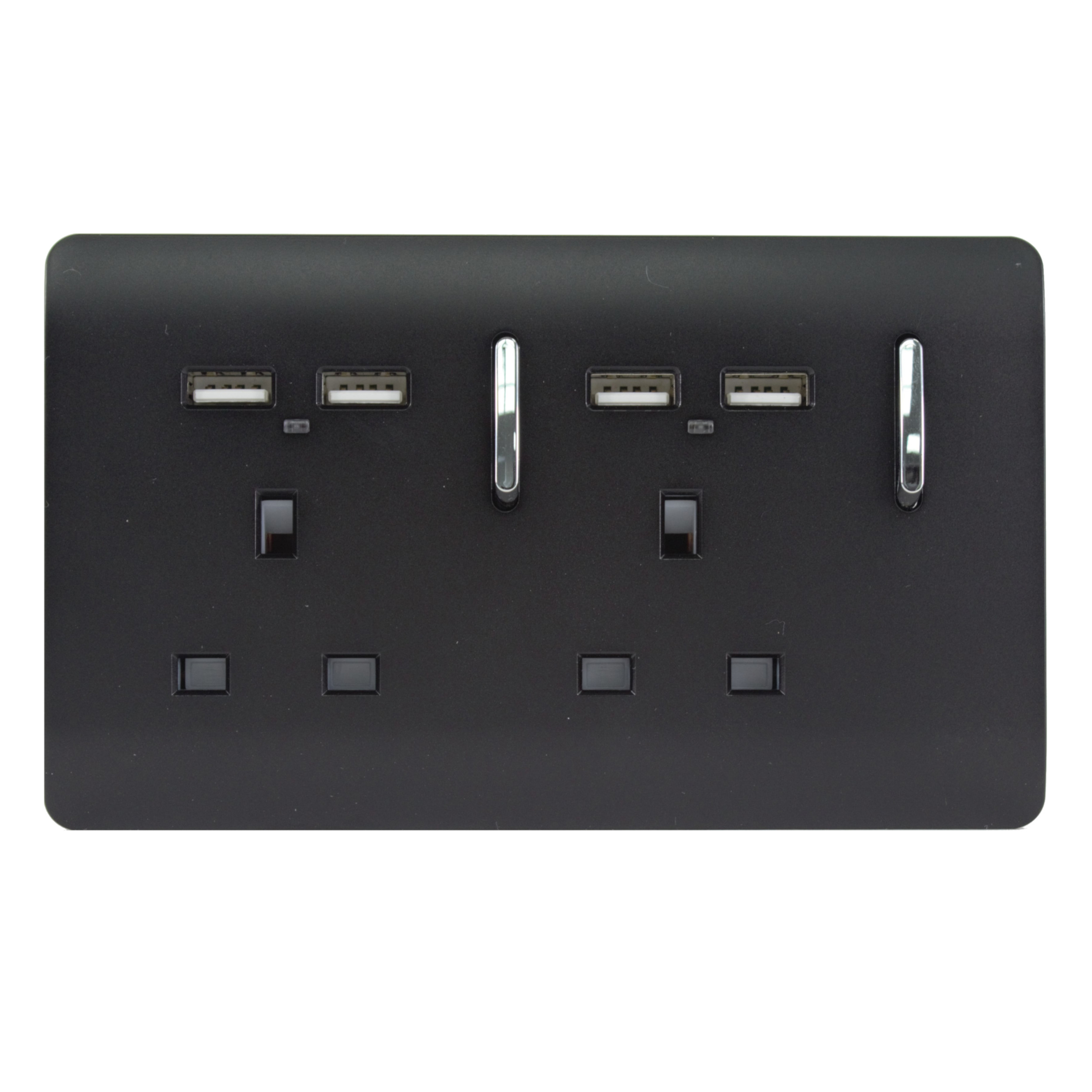 Matt Black Screwless 2 Gang Switched Double Socket 13A With 4 x USB-A 10W (Shared Per Side) With Neon Insert, (45mm Back Box Req.) 10yrs Warranty