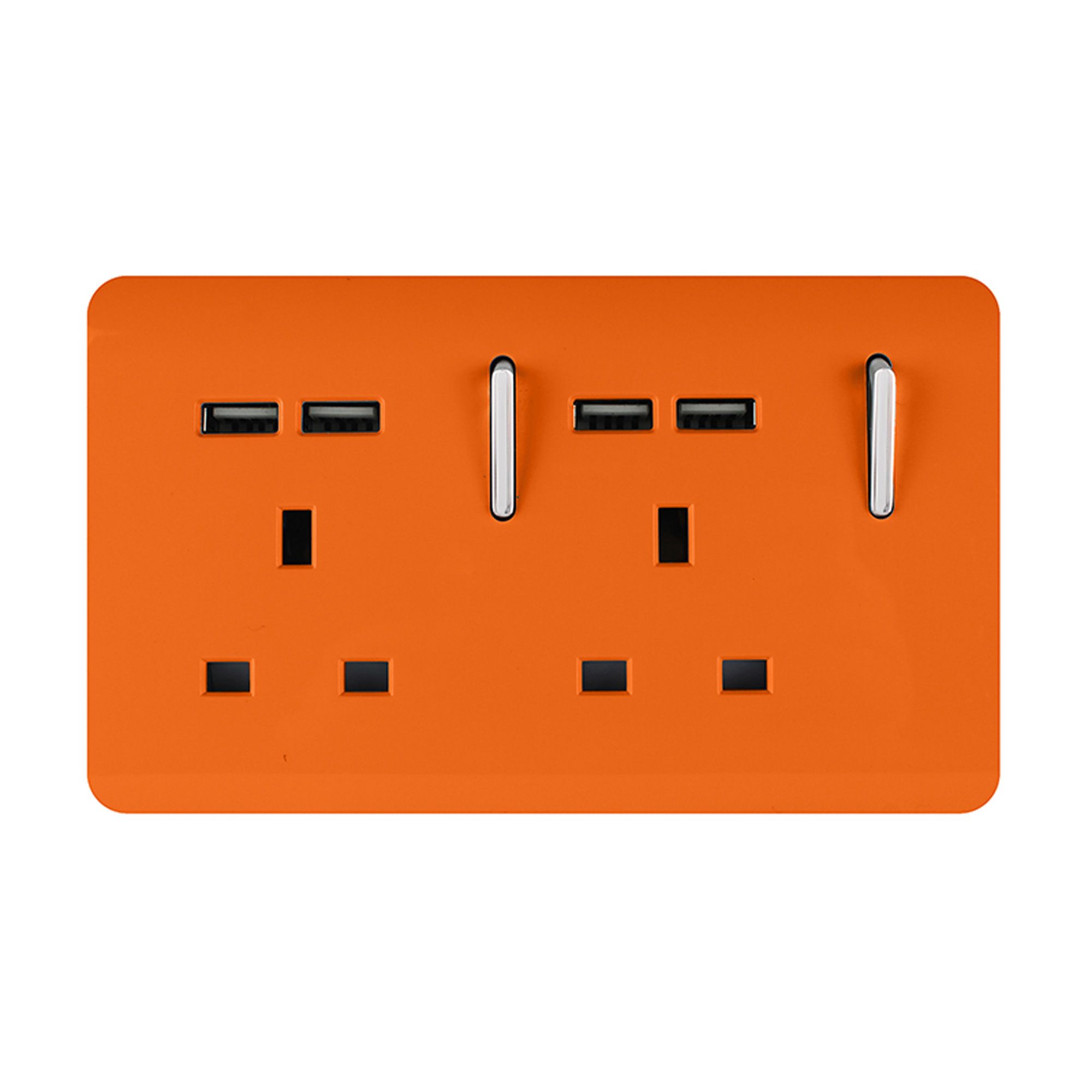 Trendi, Artistic 2 Gang 13Amp Switched Double Socket With 4X 2.1Mah USB Orange Finish, BRITISH MADE, (45mm Back Box Required), 10yrs Warranty