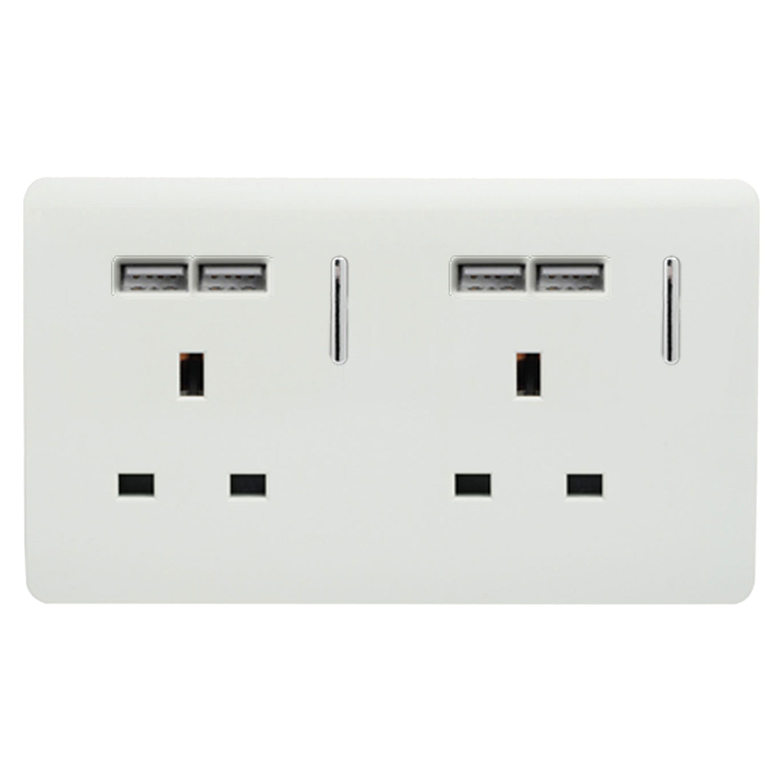 Trendi, Artistic Modern 2 Gang 13Amp Switched Double Socket With 4X 2.1Mah USB Ice White Finish, BRITISH MADE, (45mm Back Box Required) 10yrs Wrnty