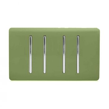 Moss Green Screwless 4 Gang 2 Way Rocker Light Switch 10AX Twin Plate, (25mm Back Box Req.), 10yrs Warranty