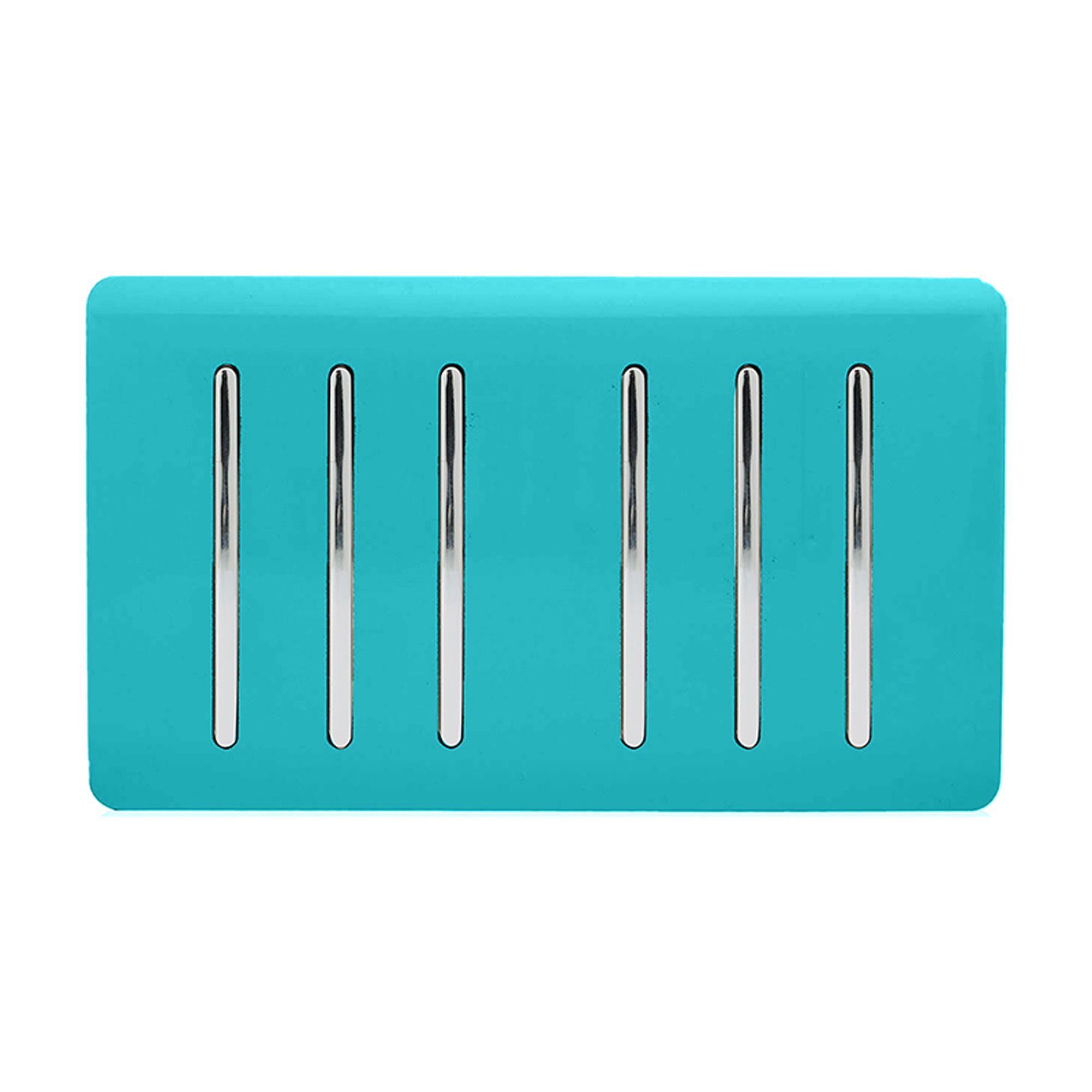 Bright Teal Screwless 6 Gang 2 Way Rocker Light Switch 10AX Twin Plate, (35mm Back Box Req.), 10yrs Warranty