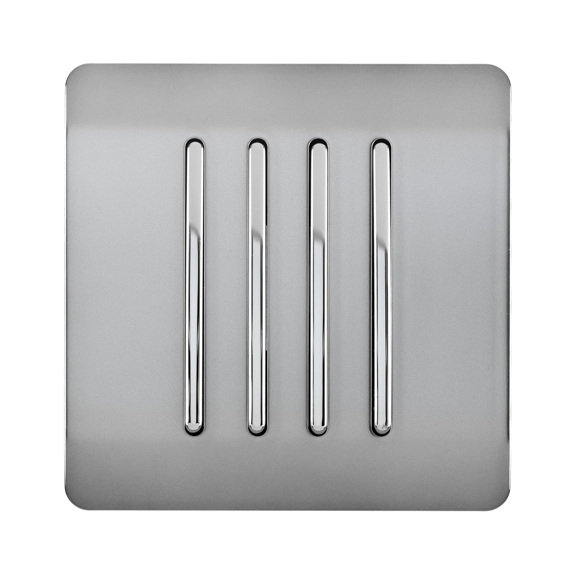 Brushed Steel Screwless 4 Gang 2 Way Rocker Light Switch 10AX, (25mm Back Box Req.), 10yrs Warranty