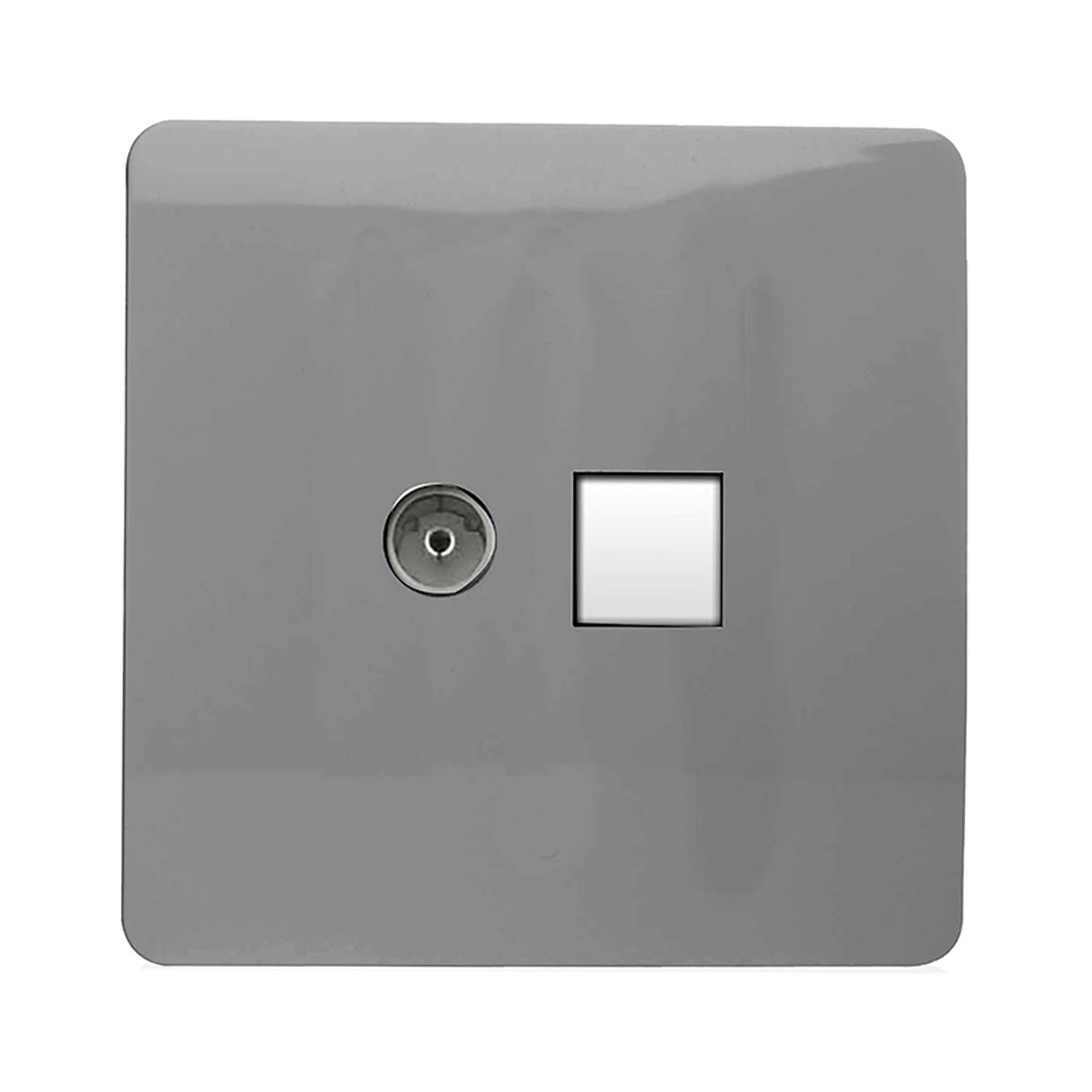 Trendi, Artistic Modern TV Co-Axial & RJ11 Telephone Light Grey Finish, BRITISH MADE, (35mm Back Box Required), 10yrs Warranty