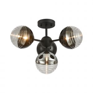 Wren 51cm Semi-Flush Multi Arm Ceiling Light, 4 x G9, Satin Black/Black/Chrome/Clear Two-Tone Round Spiral Glass (A)