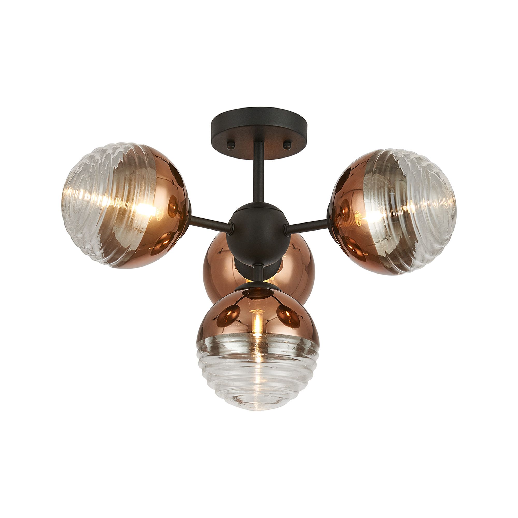 Avoir 51cm Semi-Flush Multi Arm Ceiling Light, 4 x G9, Satin Black/Copper/Clear Two-Tone Round Spiral Glass (A)
