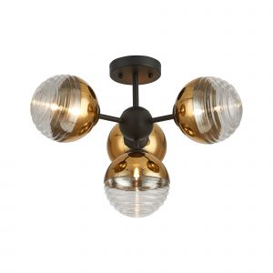 Wren 51cm Semi-Flush Multi Arm Ceiling Light, 4 x G9, Satin Black/Gold/Clear Two-Tone Round Spiral Glass (A)