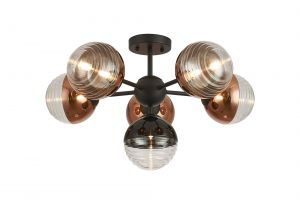 Wren 62cm Semi-Flush Multi Arm Ceiling Light, 6 x G9, Satin Black/Black/Copper/Clear Two-Tone Round Spiral Glass (A)