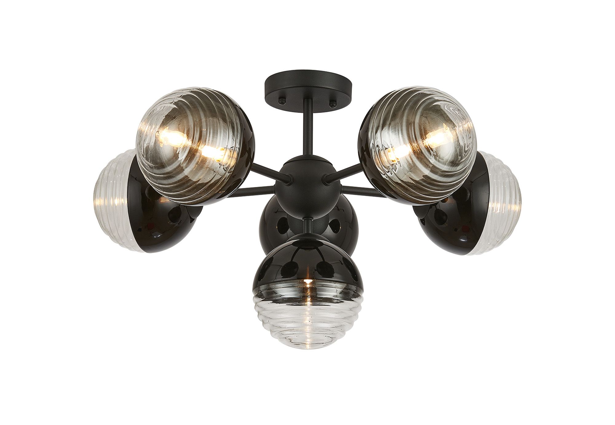 Wren 62cm Semi-Flush Multi Arm Ceiling Light, 6 x G9, Satin Black/Black/Clear Two-Tone Round Spiral Glass (A)