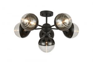 Wren 62cm Semi-Flush Multi Arm Ceiling Light, 6 x G9, Satin Black/Black/Clear Two-Tone Round Spiral Glass (A)