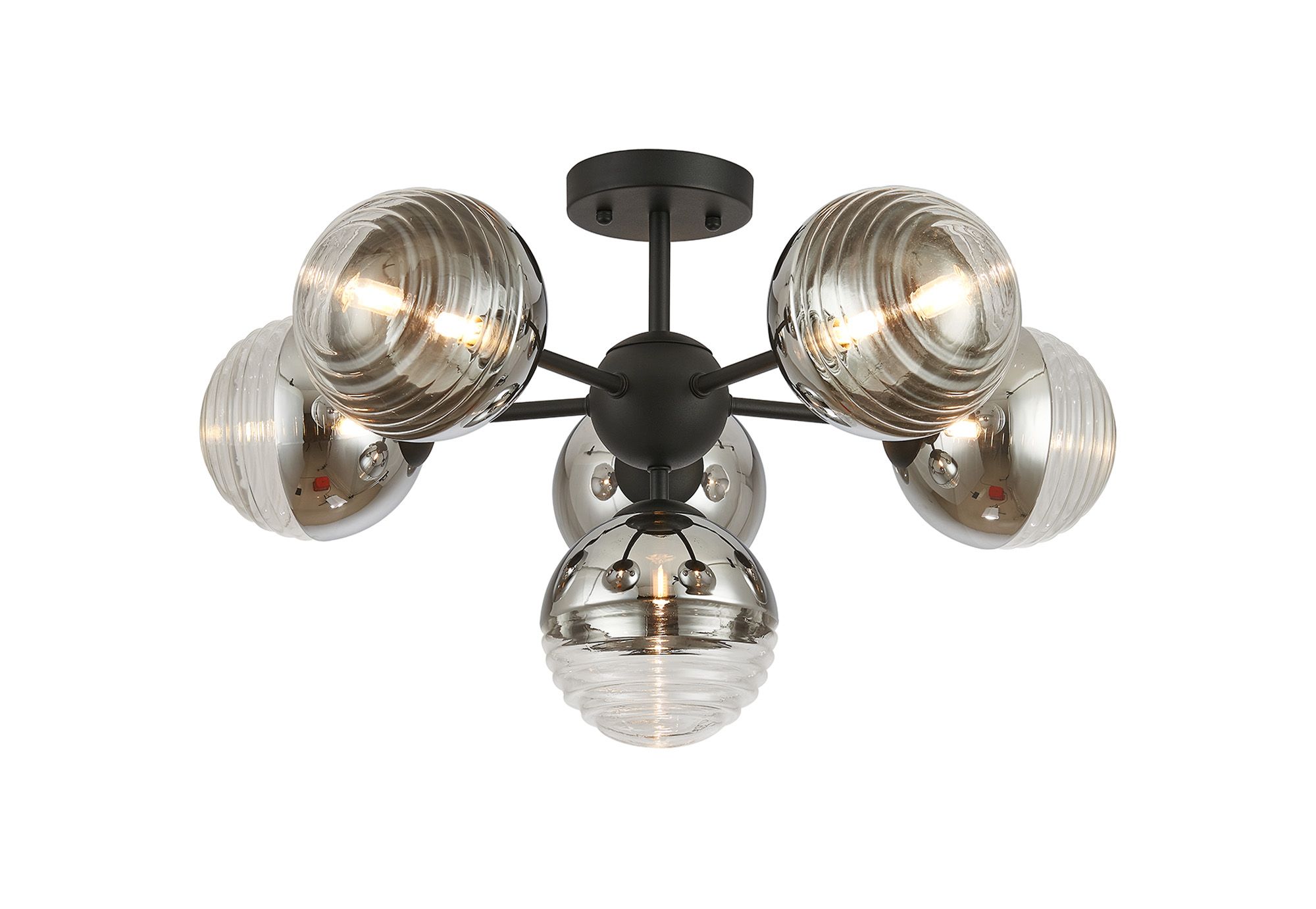 Avoir 62cm Semi-Flush Multi Arm Ceiling Light, 6 x G9, Satin Black/Chrome/Clear Two-Tone Round Spiral Glass (A)