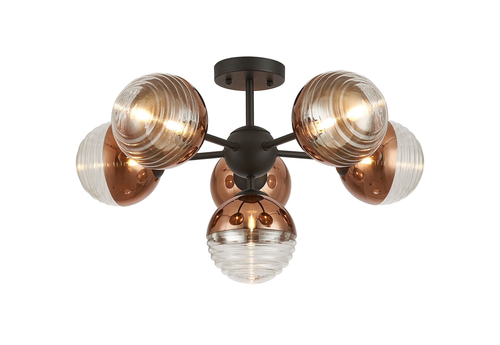 Avoir 62cm Semi-Flush Multi Arm Ceiling Light, 6 x G9, Satin Black/Copper/Clear Two-Tone Round Spiral Glass (A)