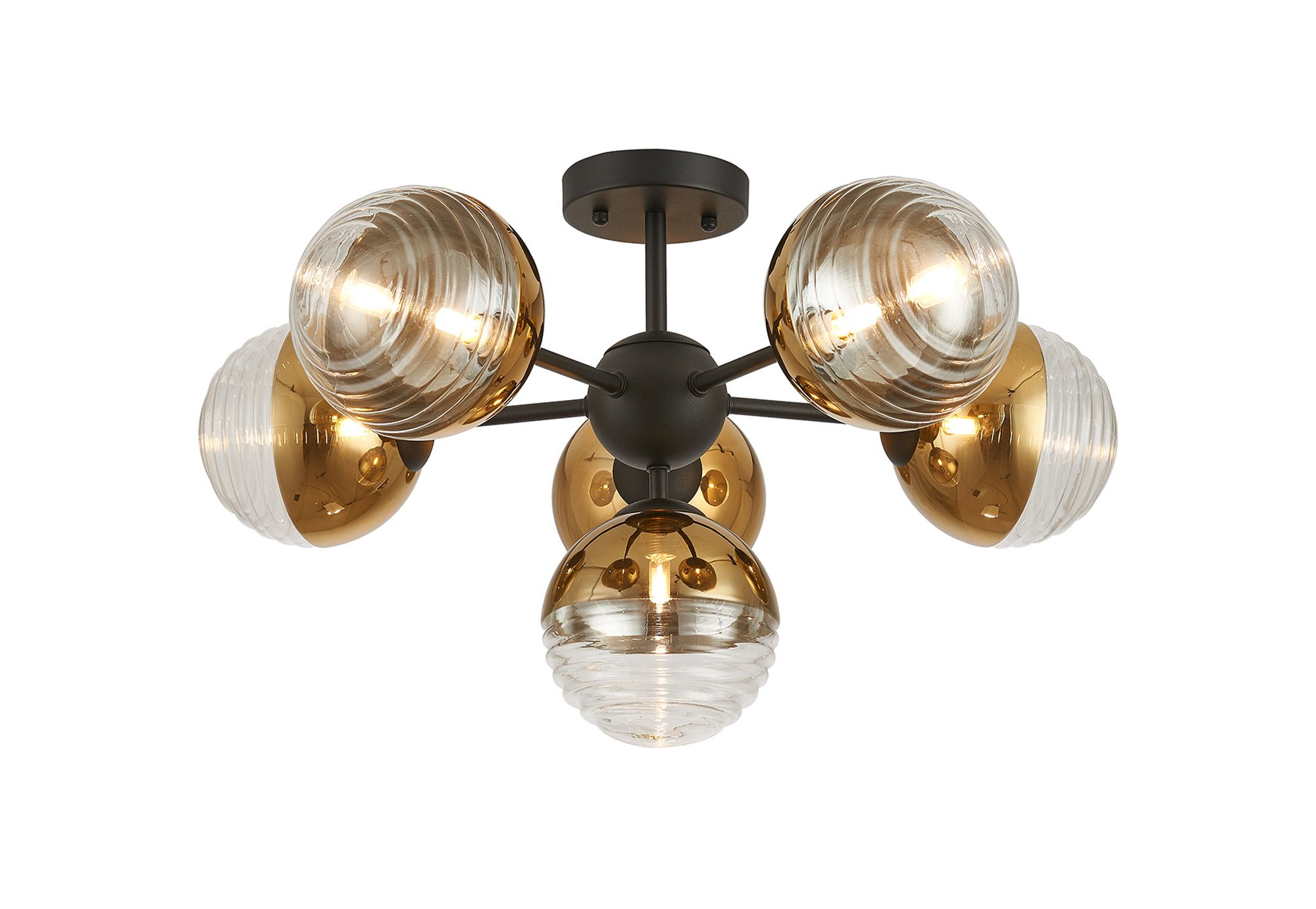 Wren 62cm Semi-Flush Multi Arm Ceiling Light, 6 x G9, Satin Black/Gold/Clear Two-Tone Round Spiral Glass (A)