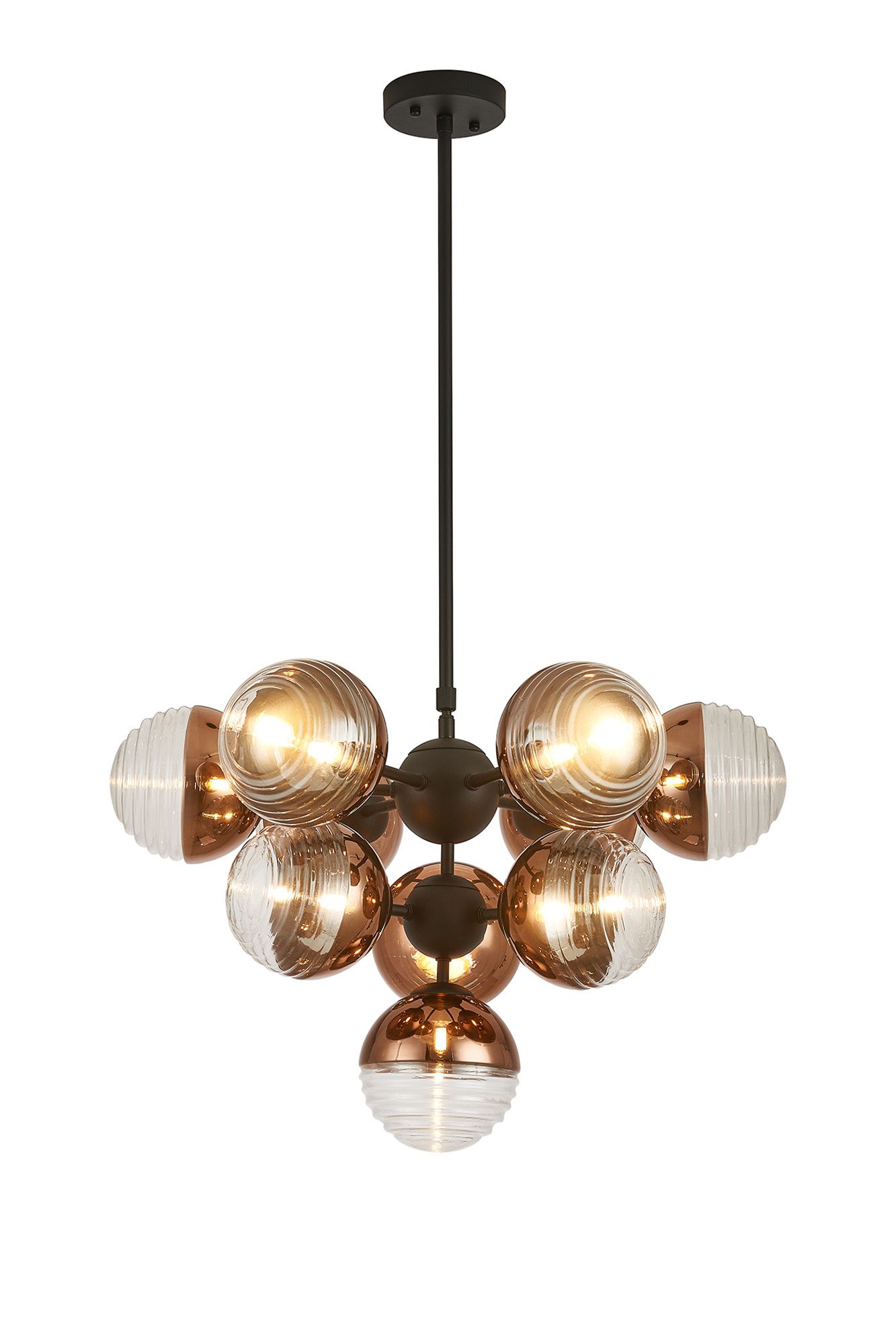 Avoir Telescopic Multi Arm Pendant, 10 x G9, Satin Black/Copper/Clear Two-Tone Round Spiral Glass (A)