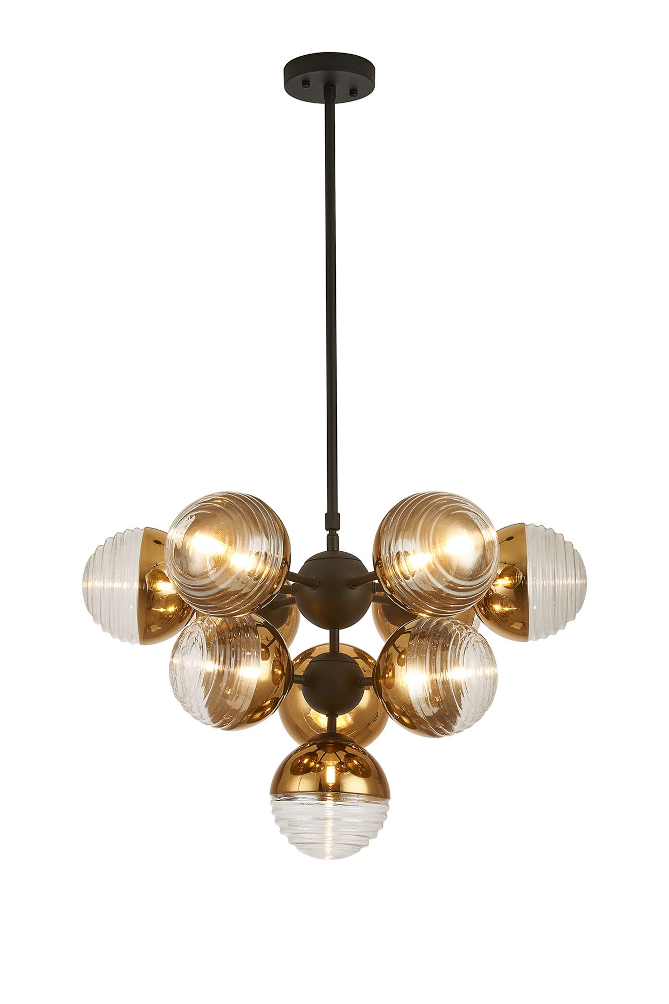 Wren Telescopic Multi Arm Pendant, 10 x G9, Satin Black/Gold/Clear Two-Tone Round Spiral Glass (A)