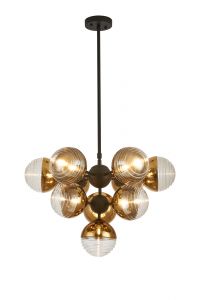 Wren Telescopic Multi Arm Pendant, 10 x G9, Satin Black/Gold/Clear Two-Tone Round Spiral Glass (A)