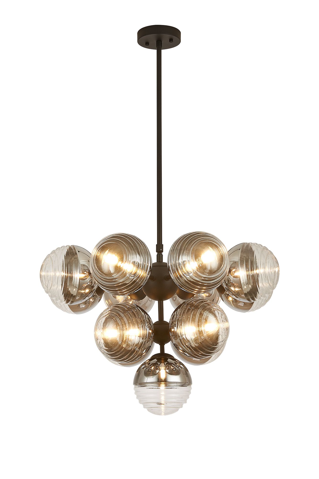 Avoir Telescopic Multi Arm Pendant, 13 x G9, Satin Black/Chrome/Clear Two-Tone Round Spiral Glass (A)