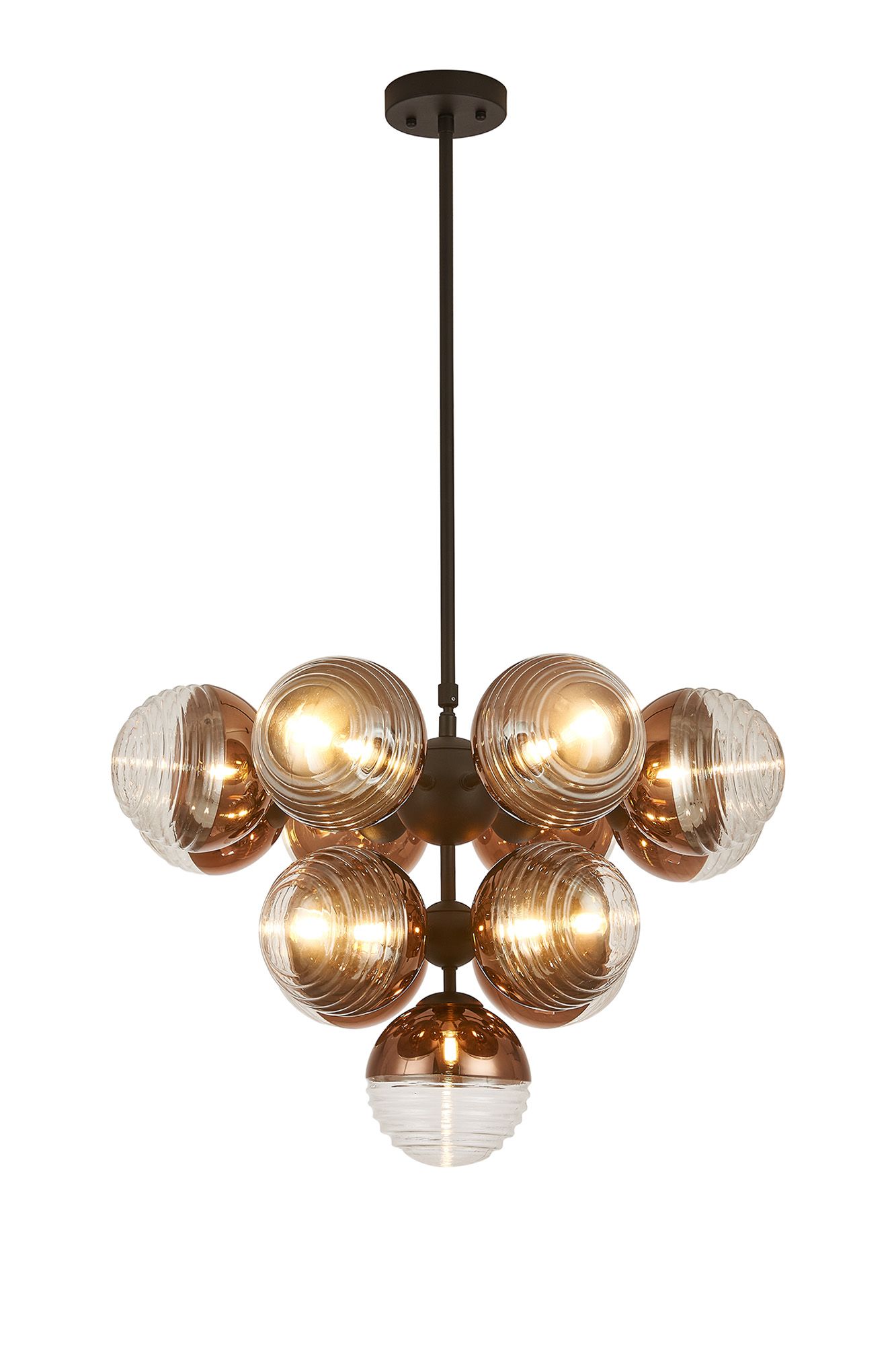 Avoir Telescopic Multi Arm Pendant, 13 x G9, Satin Black/Copper/Clear Two-Tone Round Spiral Glass (A)