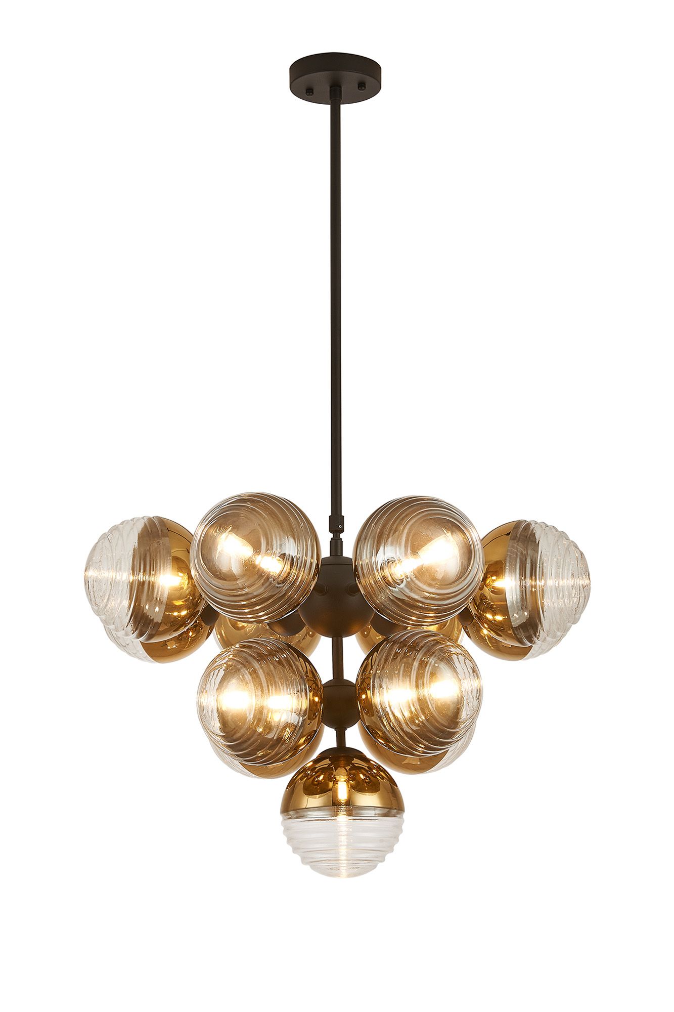 Wren Telescopic Multi Arm Pendant, 13 x G9, Satin Black/Gold/Clear Two-Tone Round Spiral Glass (A)