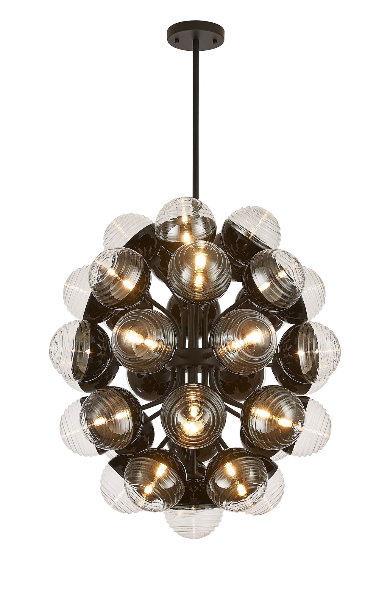 Wren 74cm Fixed Multi Arm Sphere Pendant, 35 x G9, Satin Black/Black/Clear Two-Tone Round Spiral Glass (A)