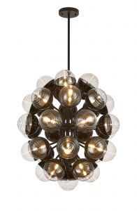 Wren 74cm Fixed Multi Arm Sphere Pendant, 35 x G9, Satin Black/Black/Clear Two-Tone Round Spiral Glass (A)