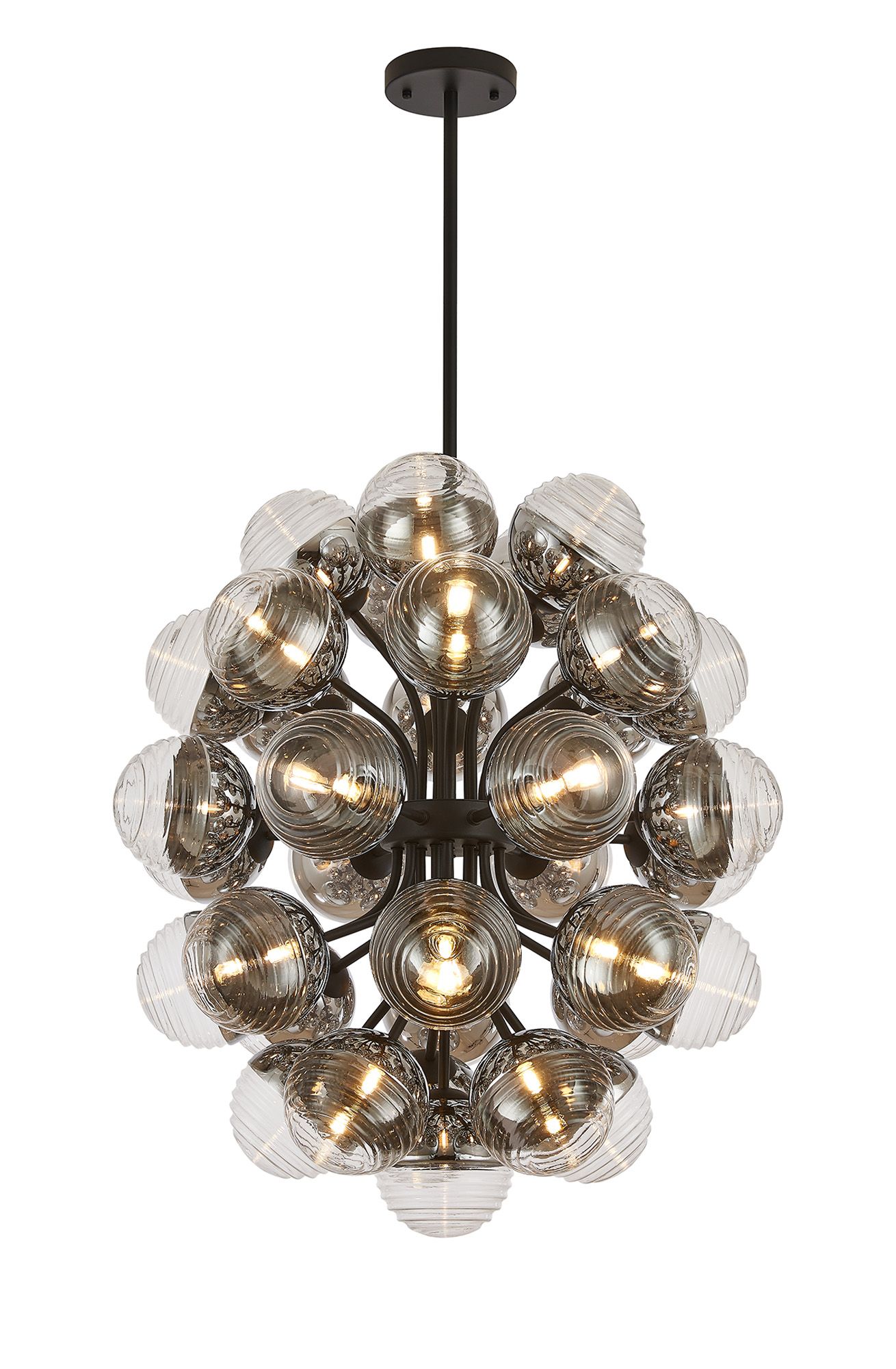 Wren 74cm Fixed Multi Arm Sphere Pendant, 35 x G9, Satin Black/Chrome/Clear Two-Tone Round Spiral Glass (A)