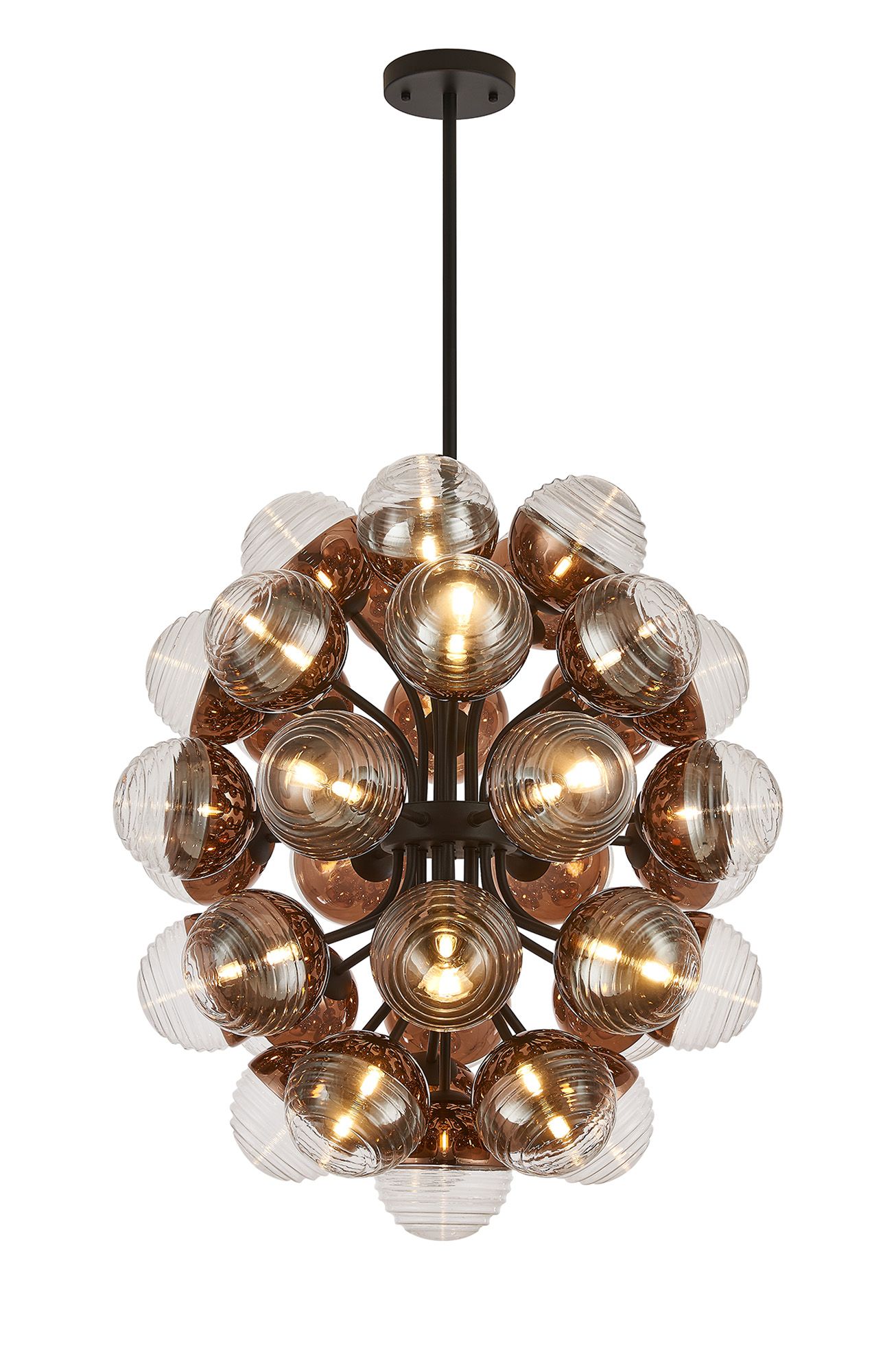 Wren 74cm Fixed Multi Arm Sphere Pendant, 35 x G9, Satin Black/Copper/Clear Two-Tone Round Spiral Glass (A)