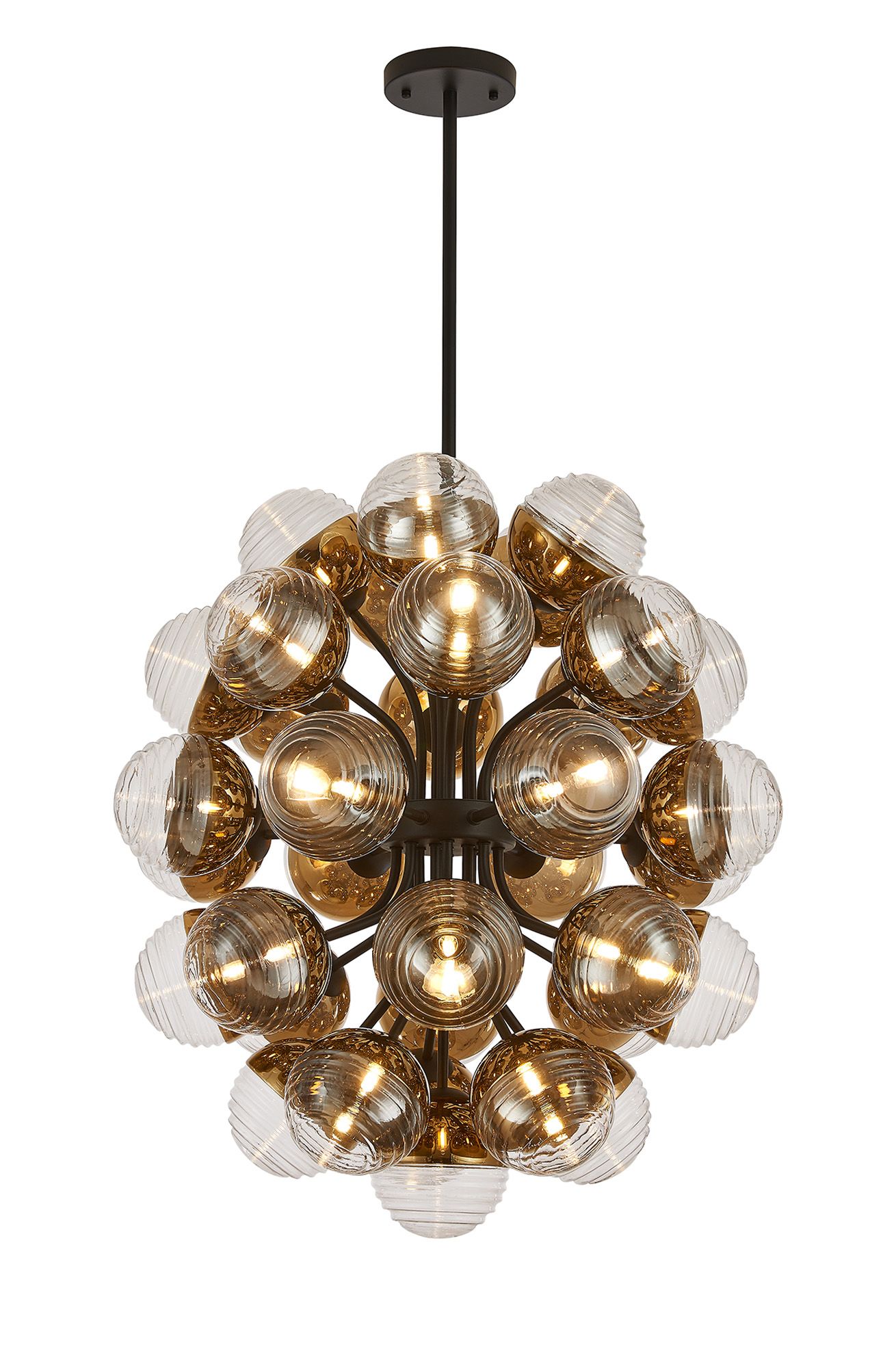 Wren 74cm Fixed Multi Arm Sphere Pendant, 35 x G9, Satin Black/Gold/Clear Two-Tone Round Spiral Glass (A)