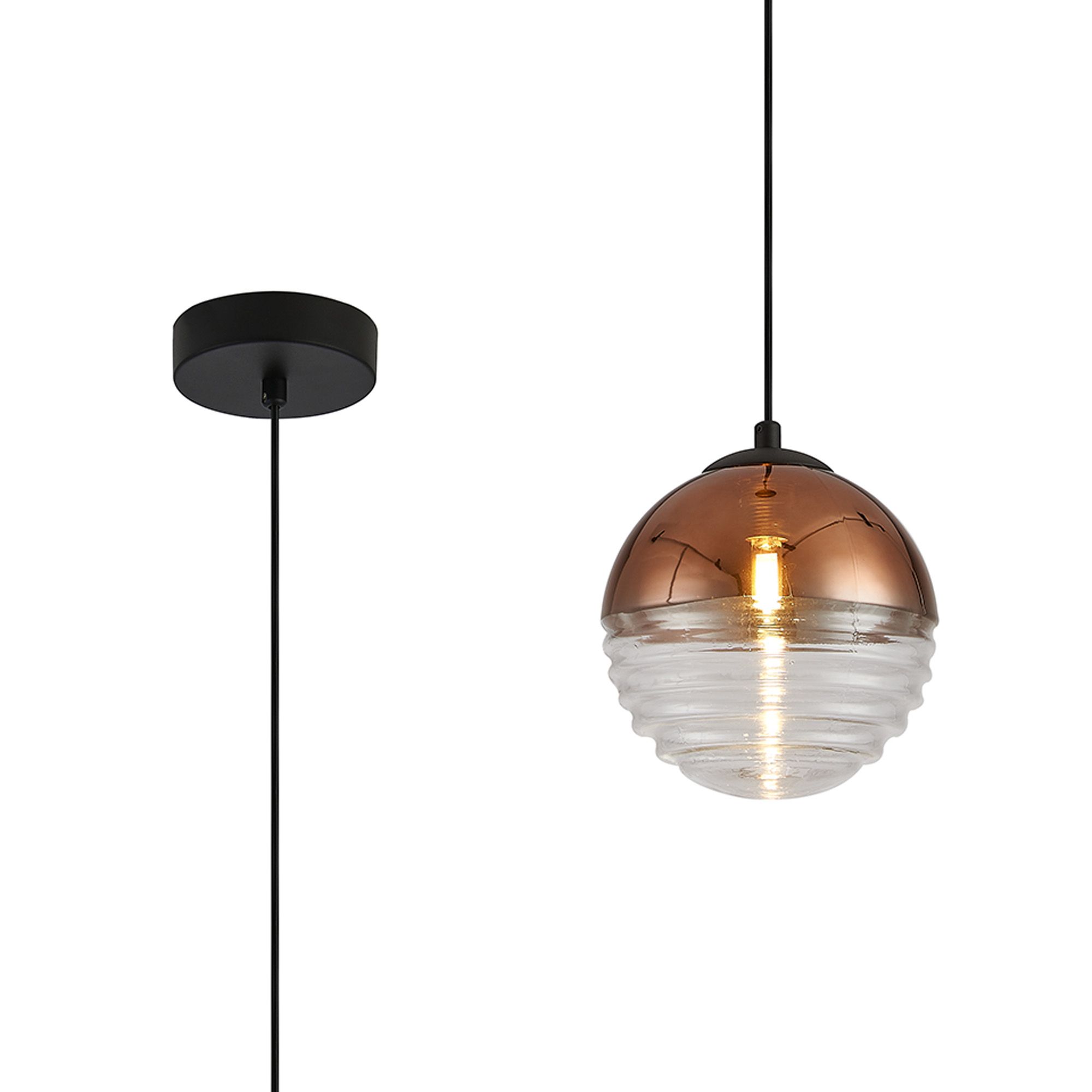 Wren 15cm Single Pendant, 1 x G9, Satin Black/Copper/Clear Two-Tone Round Spiral Glass (A)