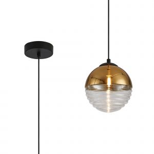 Wren 15cm Single Pendant, 1 x G9, Satin Black/Gold/Clear Two-Tone Round Spiral Glass (A)