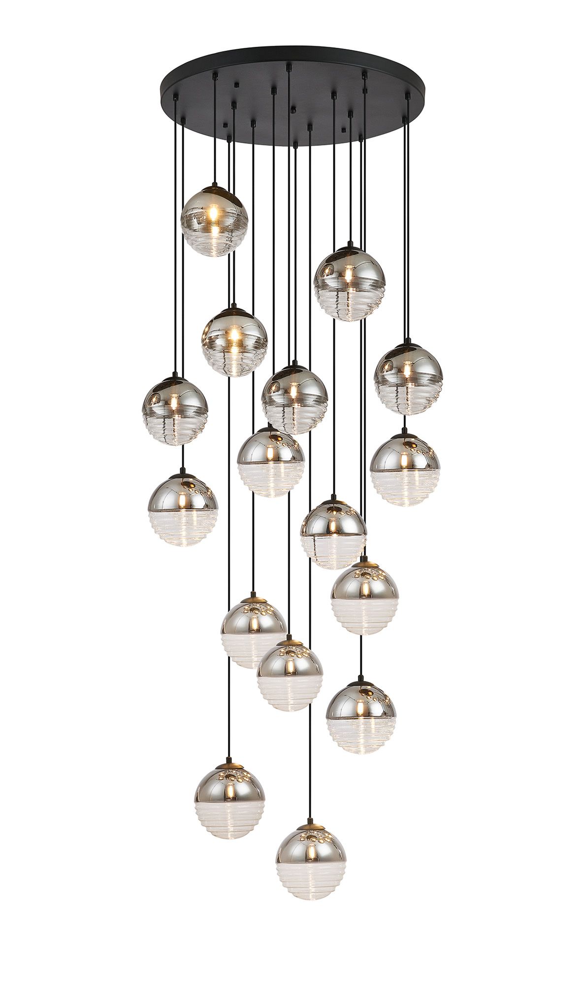 Wren 68cm Pendant, 16 x G9, Satin Black/Chrome/Clear Two-Tone Round Spiral Glass (A)