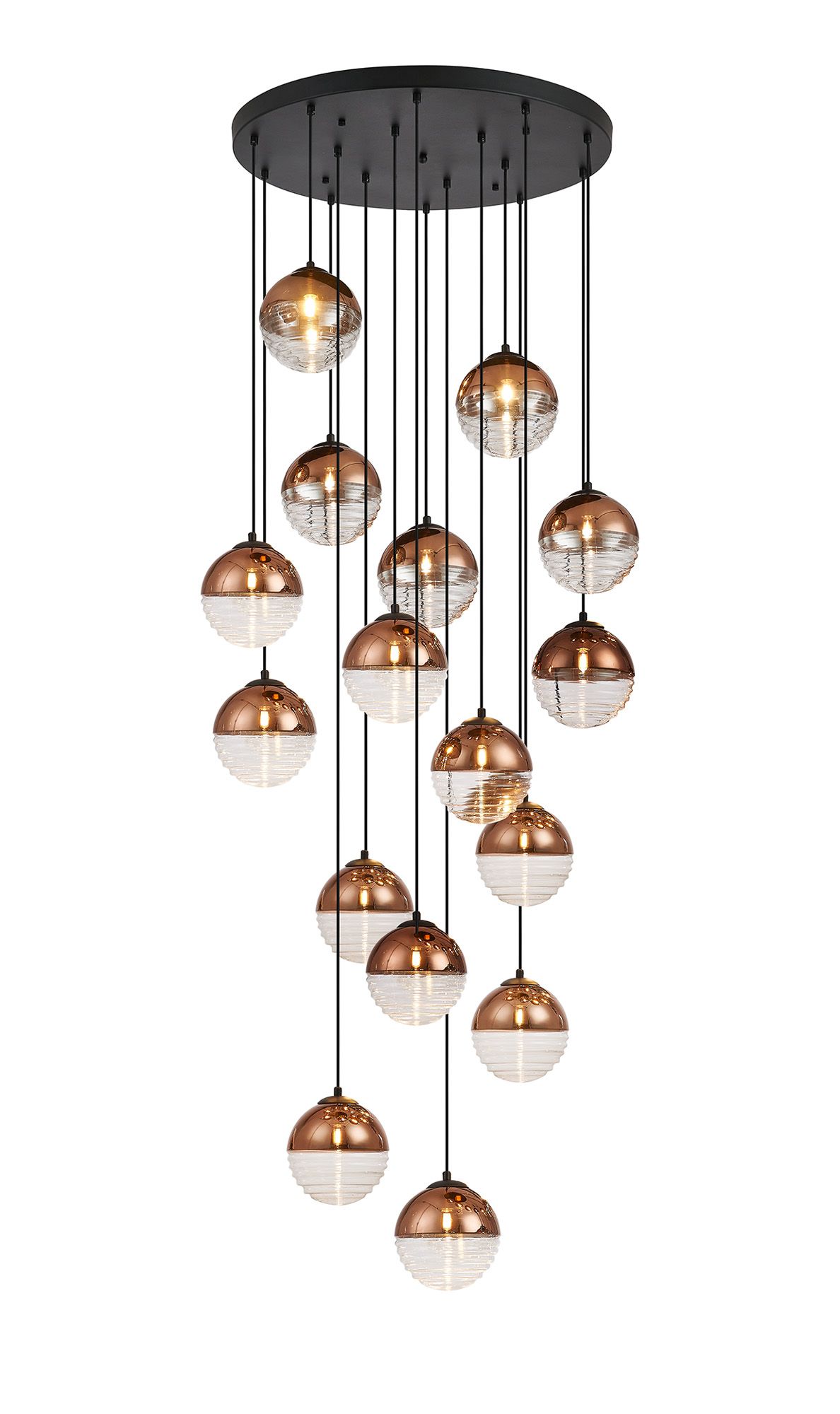 Wren 68cm Pendant, 16 x G9, Satin Black/Copper/Clear Two-Tone Round Spiral Glass (A)
