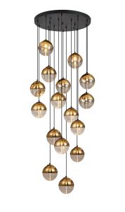 Wren 68cm Pendant, 16 x G9, Satin Black/Gold/Clear Two-Tone Round Spiral Glass (A)