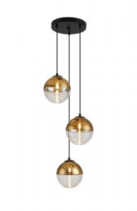 Wren 31cm Round Pendant, 3 x G9, Satin Black/Gold/Clear Two-Tone Round Spiral Glass (A)