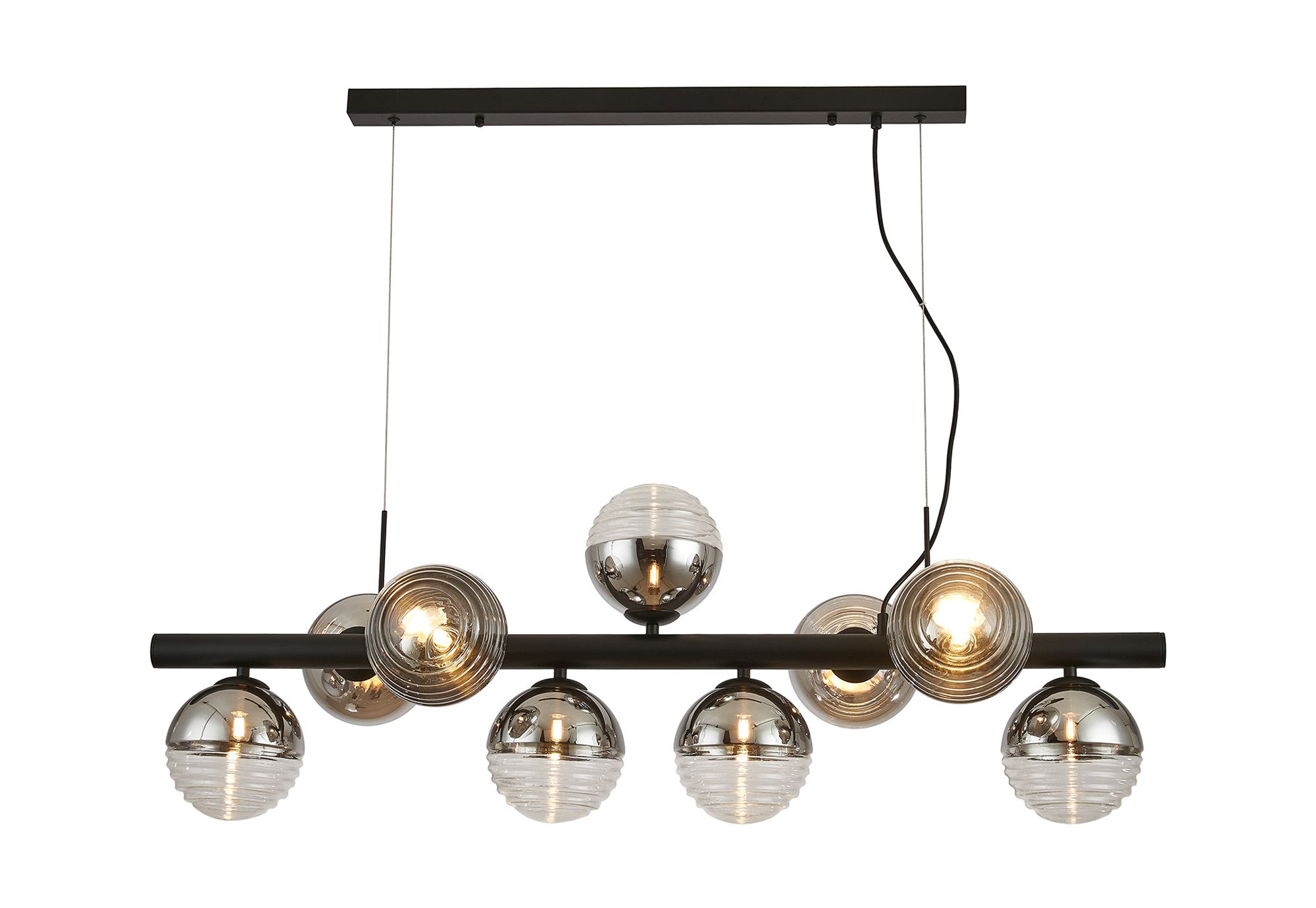 Wren Linear Pendant, 9 x G9, Satin Black/Chrome/Clear Two-Tone Round Spiral Glass (A)