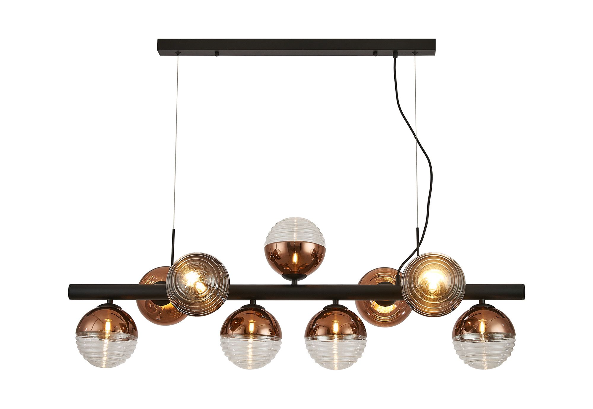 Wren Linear Pendant, 9 x G9, Satin Black/Copper/Clear Two-Tone Round Spiral Glass (A)
