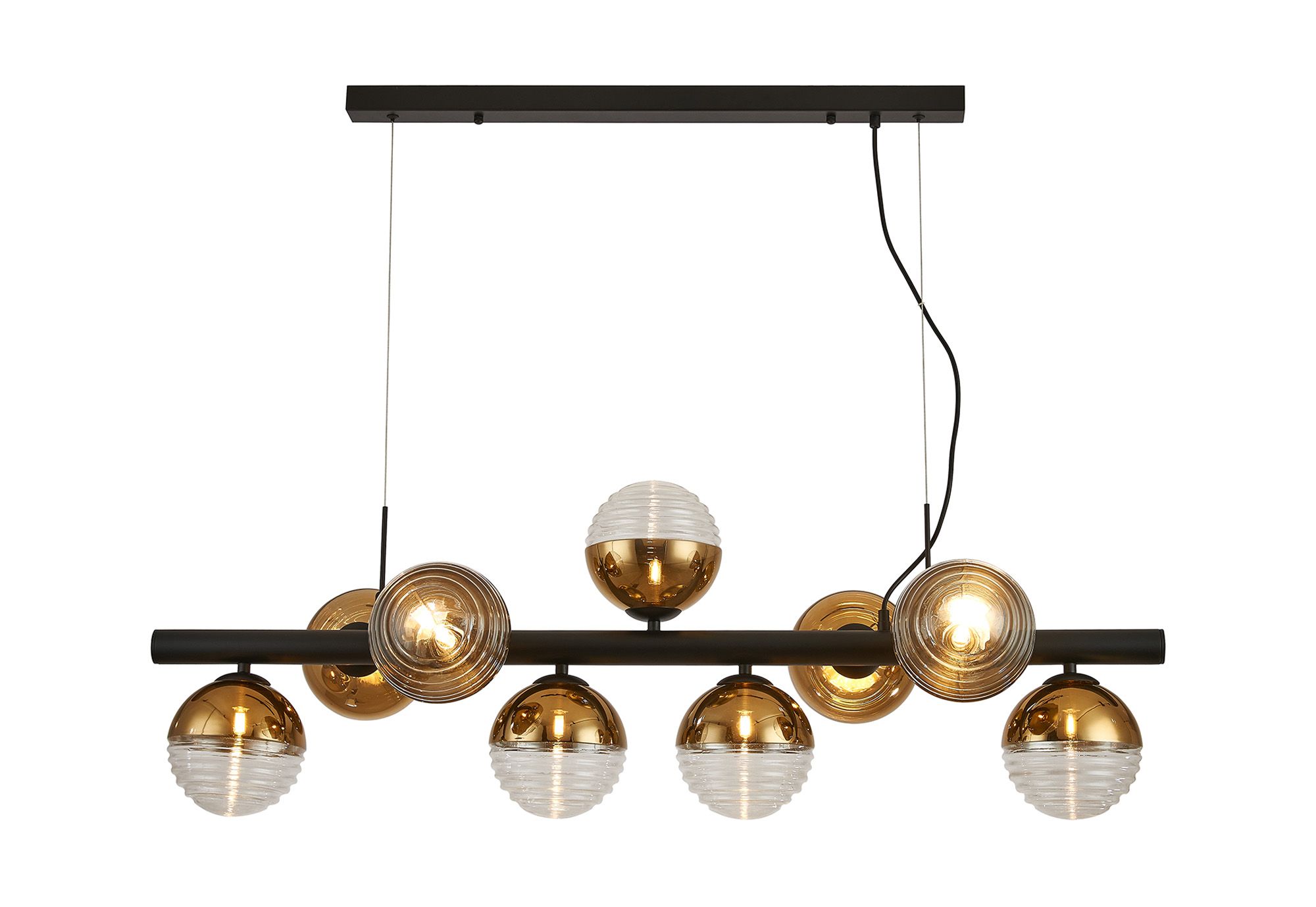 Wren Linear Pendant, 9 x G9, Satin Black/Gold/Clear Two-Tone Round Spiral Glass (A)