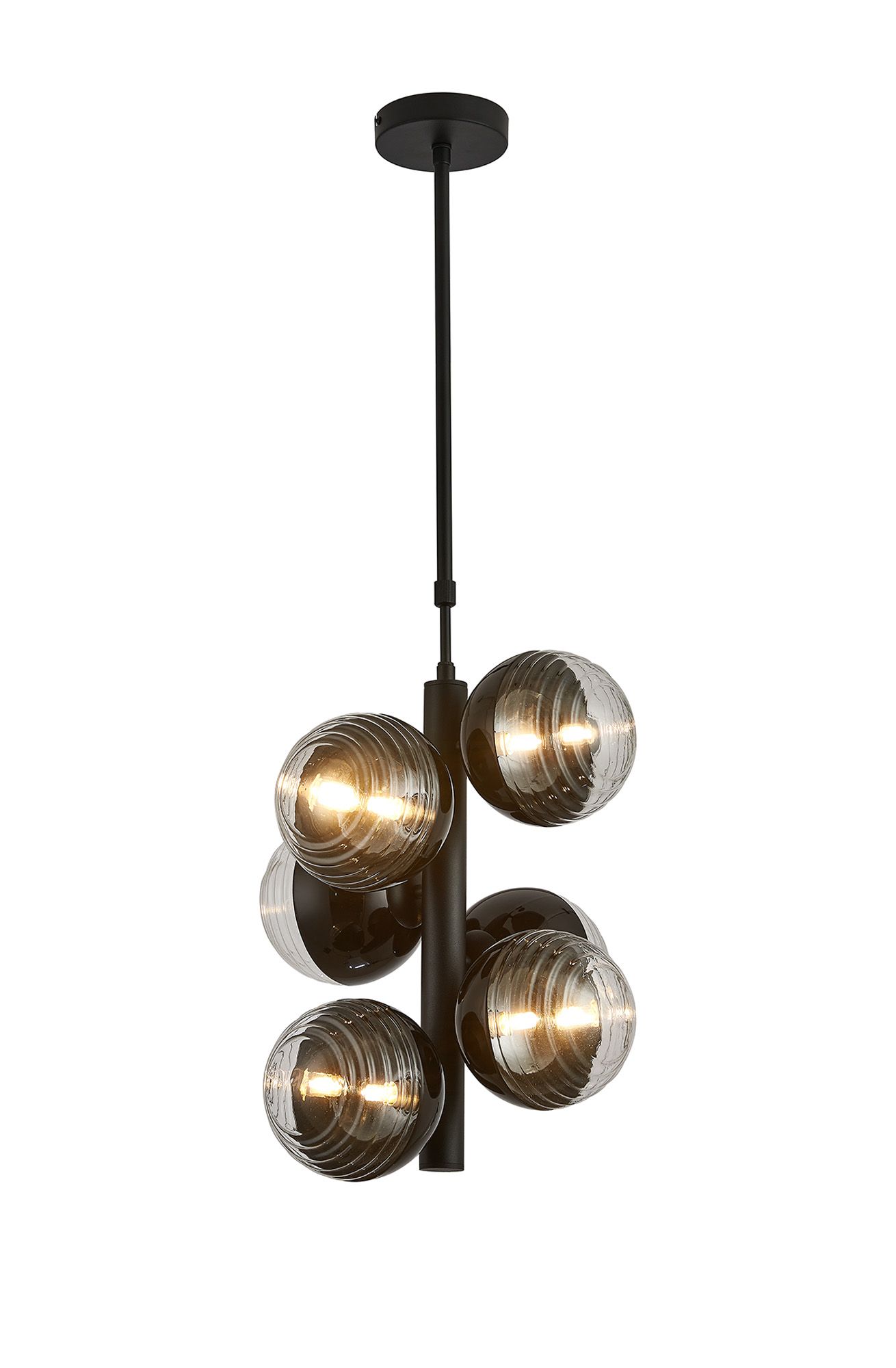 Wren Vertical Linear Telescopic Pendant, 6 x G9, Satin Black/Black/Clear Two-Tone Round Spiral Glass (A)