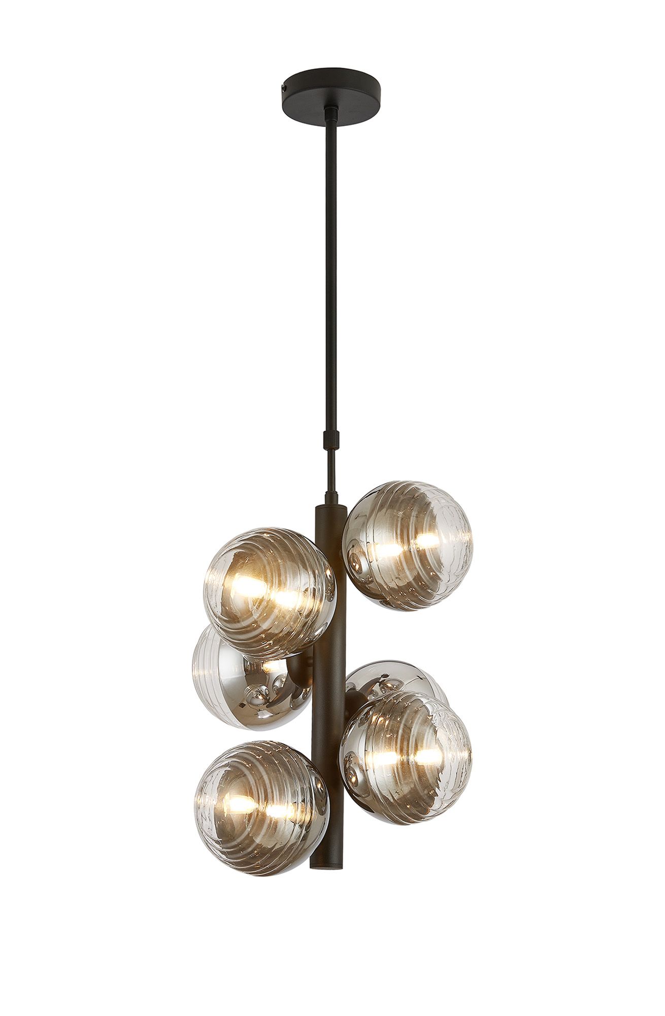 Wren Vertical Linear Telescopic Pendant, 6 x G9, Satin Black/Chrome/Clear Two-Tone Round Spiral Glass (A)
