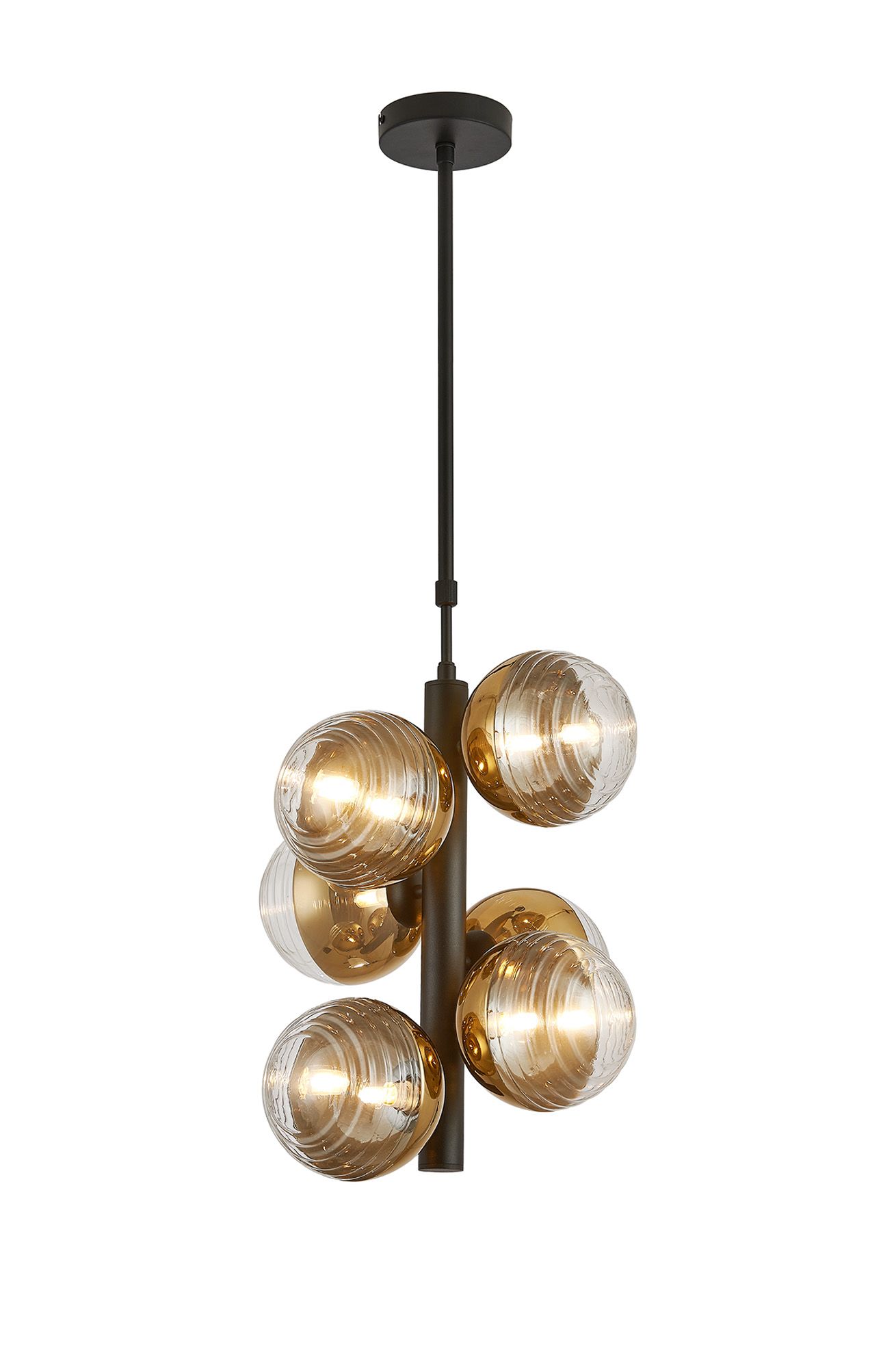 Wren Vertical Linear Telescopic Pendant, 6 x G9, Satin Black/Gold/Clear Two-Tone Round Spiral Glass (A)