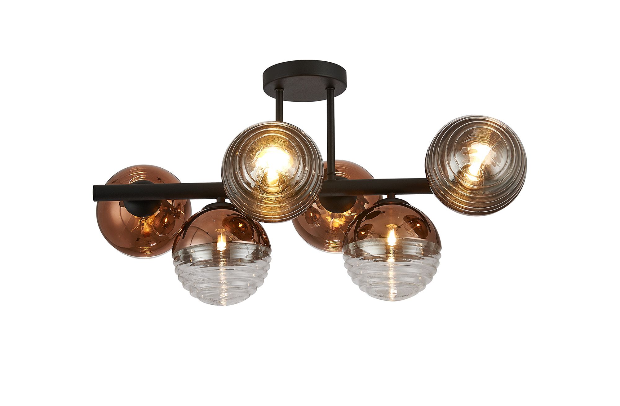 Wren Semi-Flush Ceiling Light, 6 x G9, Satin Black/Copper/Clear Two-Tone Round Spiral Glass (A)