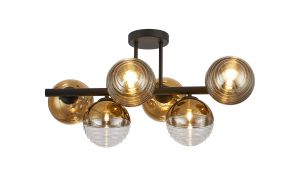 Wren Semi-Flush Ceiling Light, 6 x G9, Satin Black/Gold/Clear Two-Tone Round Spiral Glass (A)