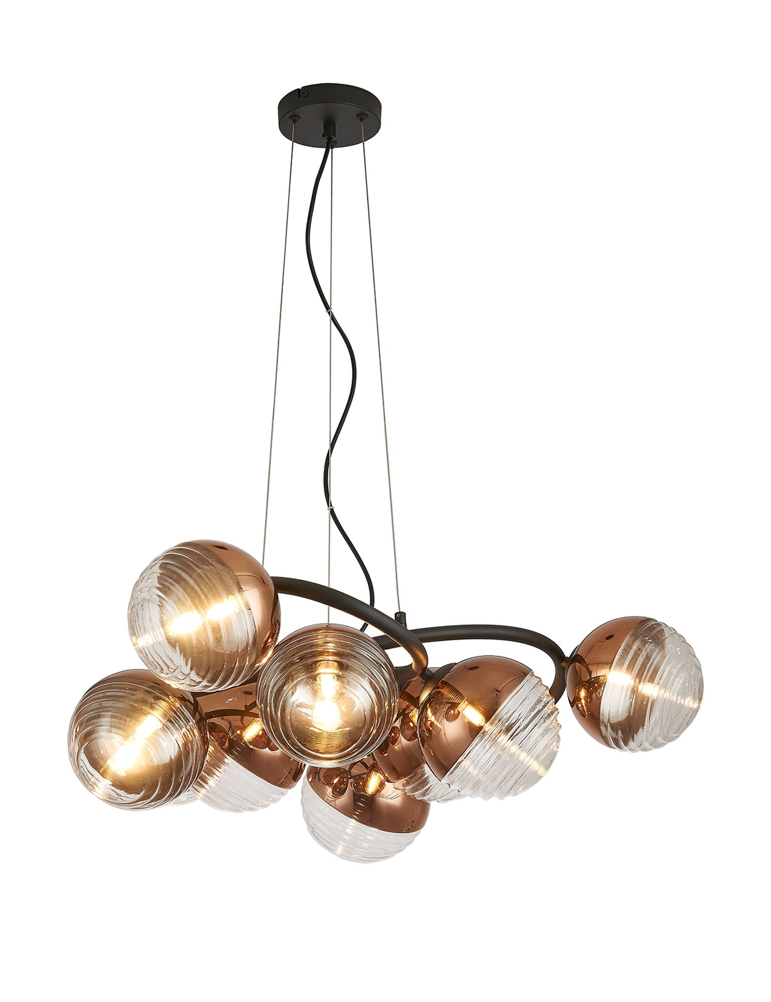 Wren 88cm Twisted Pendant, 9 x G9, Satin Black/Copper/Clear Two-Tone Round Spiral Glass (A)