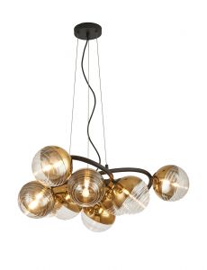 Wren 88cm Twisted Pendant, 9 x G9, Satin Black/Gold/Clear Two-Tone Round Spiral Glass (A)