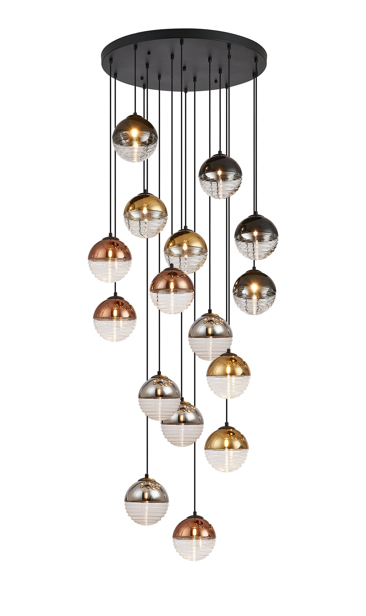 Wren 68cm Pendant, 16 x G9, Satin Black/Black/Chrome/Copper/Gold/Clear Two-Tone Round Spiral Glass (A)